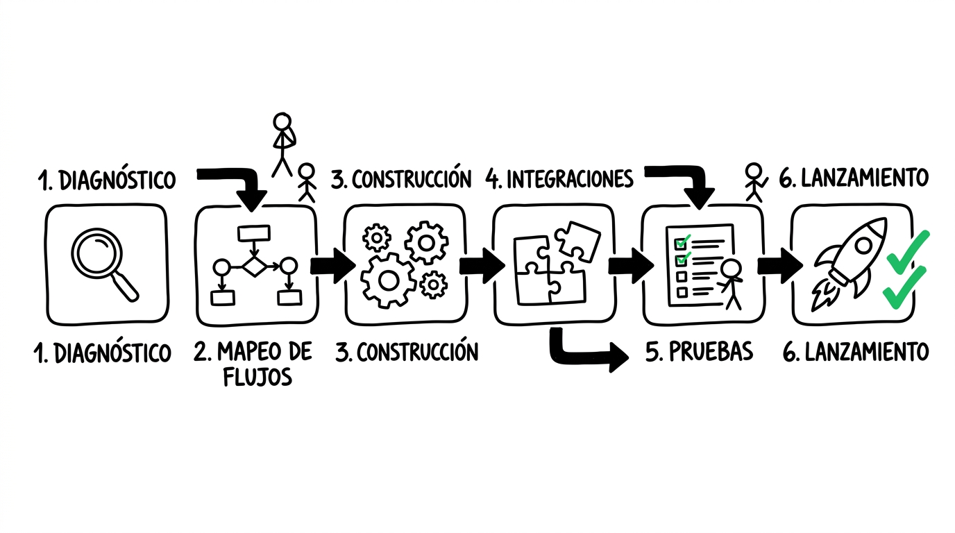 Mapa del proceso de implementación: diagnóstico, flujos, construcción, integraciones, pruebas, lanzamiento