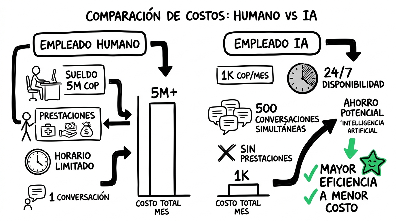 Comparación de costos: empleado humano vs. agente IA por mes